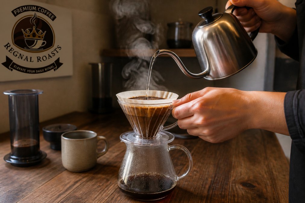 Hands pouring hot water over coffee grounds in a pour-over cone on a wooden kitchen counter with a mug nearby