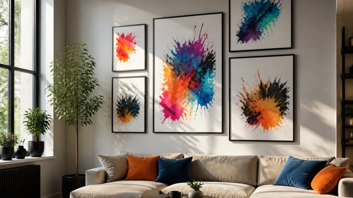 Modern living room featuring a gallery wall arrangement of framed bold colour-splash art prints in varying sizes, with natural daylight streaming through a window, highlighting the vibrant colours and textures of the artwork against neutral walls
