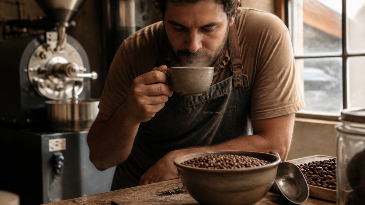 Close-up of dark roasted decaf coffee beans in a ceramic cup with steam rising, warm morning light from a window