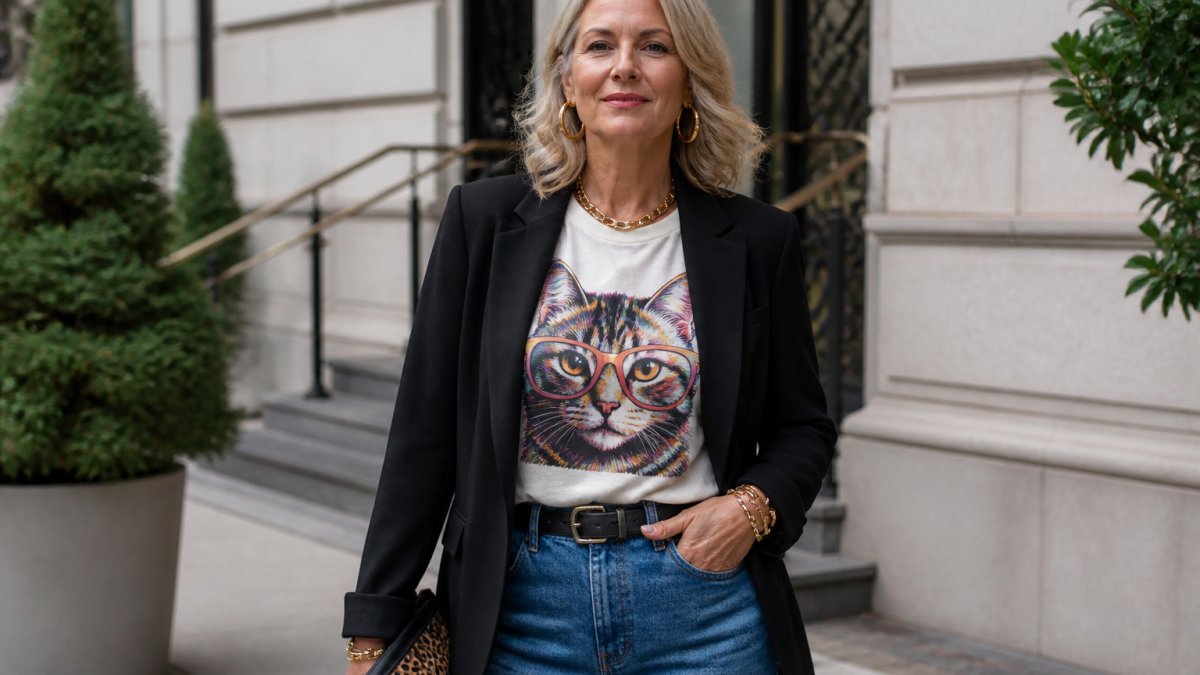 Confident woman in her 40s wearing a bold graphic tee styled with tailored blazer, high-rise jeans, and statement jewelry, standing in natural light