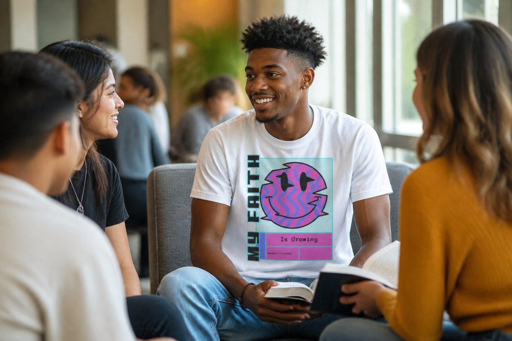College-aged student wearing an affordable bold faith graphic tee at a casual campus Bible study gathering, seated with peers in a modern student center with natural lighting