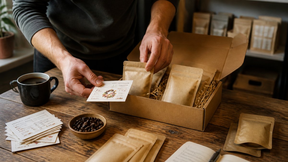 A person arranging small bags of coffee beans and tasting notes cards on a wooden table, preparing a subscription box for shipping