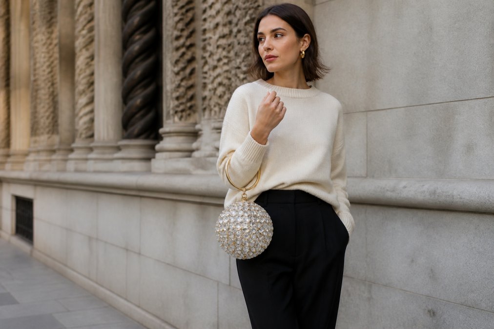 Woman wearing a crystalline statement bag with a neutral cream and black outfit, standing confidently in natural light with the bag positioned prominently, showing how bold accessories elevate simple basics