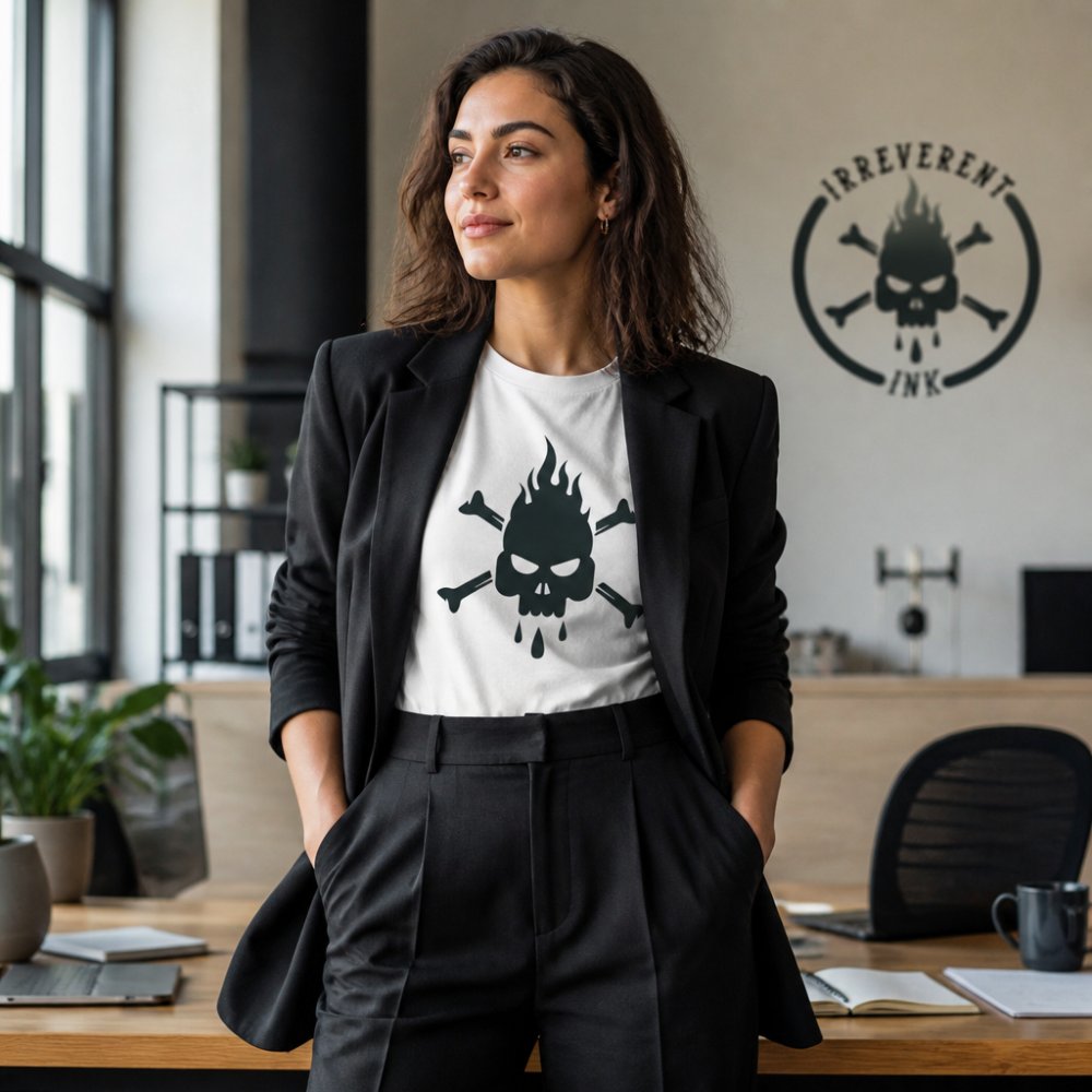 Professional wearing a graphic tee under a structured blazer and trousers in a modern office space