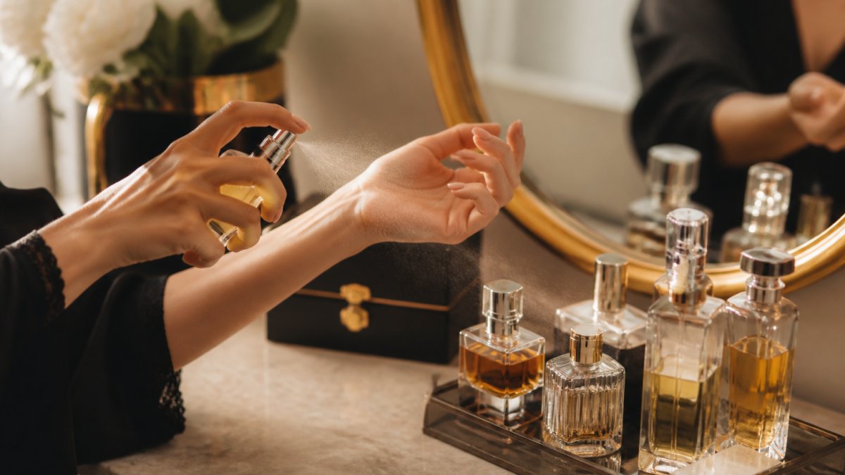 Close-up of a person's wrist as they spray perfume, with a soft-focus vanity mirror and several elegant glass bottles in the background, warm natural light