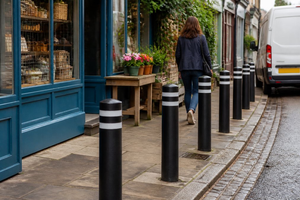 Recycled plastic bollards with reflective bands protecting a British shopfront as a pedestrian walks past