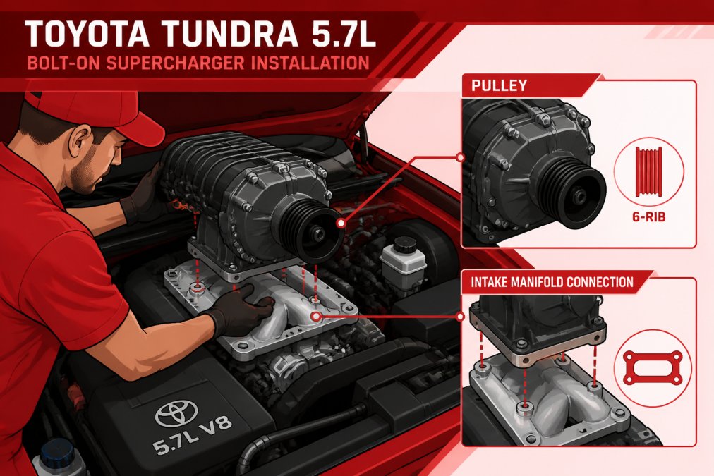 Mechanic installing a bolt-on supercharger kit on a Toyota Tundra engine bay, showing the pulley and intake manifold connection points, with natural lighting from overhead fixtures