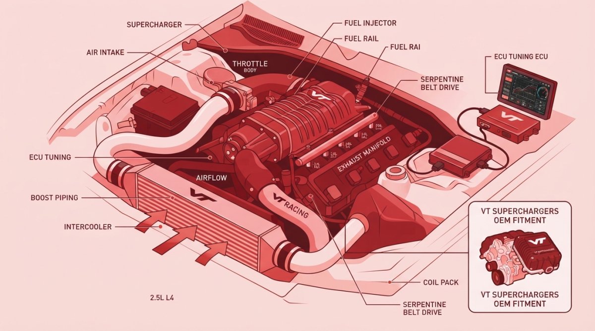 Close-up of a bolt-on supercharger kit installed on an engine block, showing precise fitment of the compressor, intercooler piping, and fuel injector components with visible ECU tuning equipment on a workbench nearby