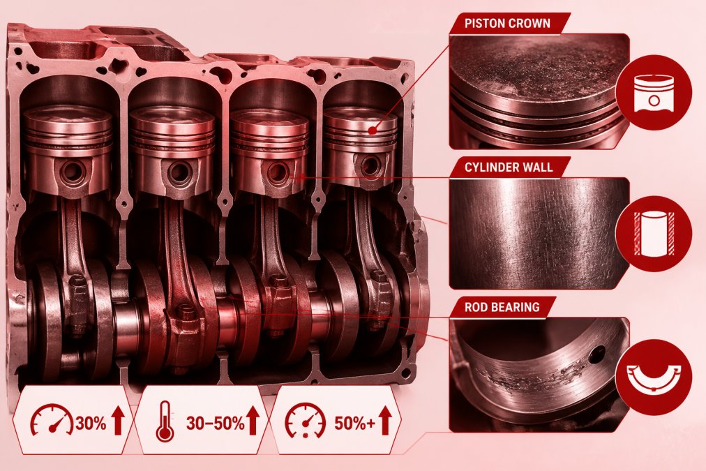Close-up of engine block internal components showing pistons, crankshaft, and bearing surfaces under high magnification with technical lighting