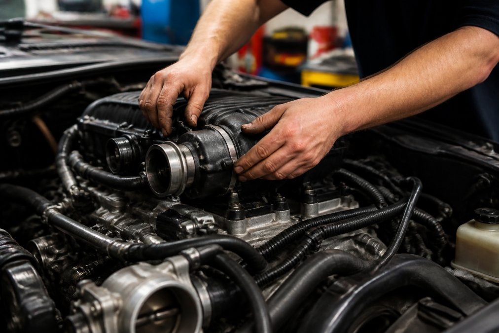 Technician's hands working on supercharger installation components in modern workshop with professional lighting and tools visible