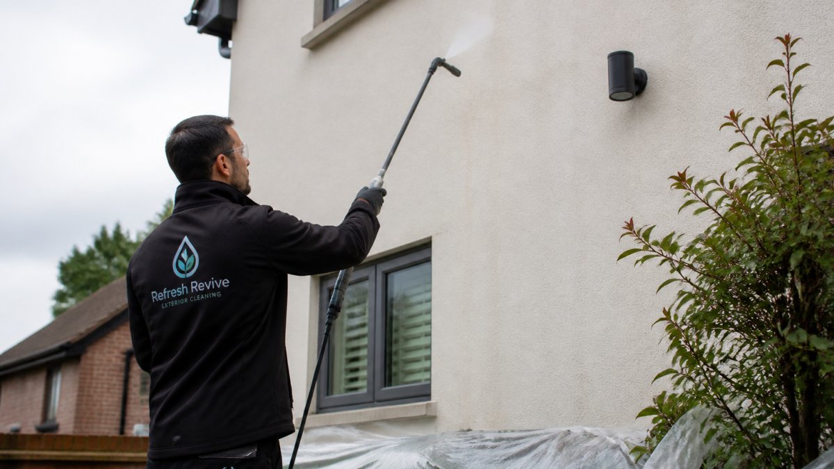 A professional exterior cleaner in Bolton using a low-pressure soft wash lance on a rendered house wall, protective sheeting over nearby plants, clean even finish visible on the surface, overcast daylight