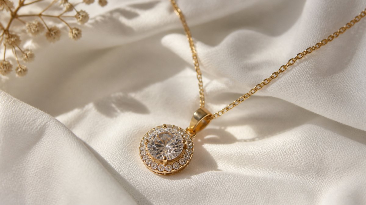 Close-up of an elegant necklace pendant with cubic zirconia stone resting on soft white fabric, showing delicate gold finish and intricate craftsmanship with natural light catching the sparkle