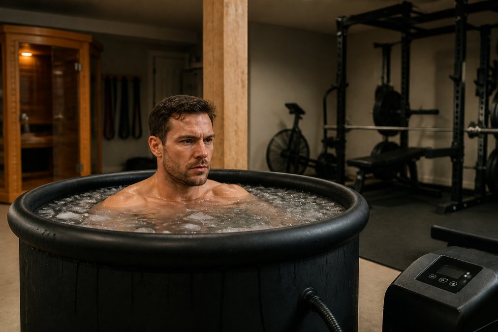 Athlete immersed in a home cold plunge tub with focused expression, water visible around shoulders, modern basement setting with neutral lighting