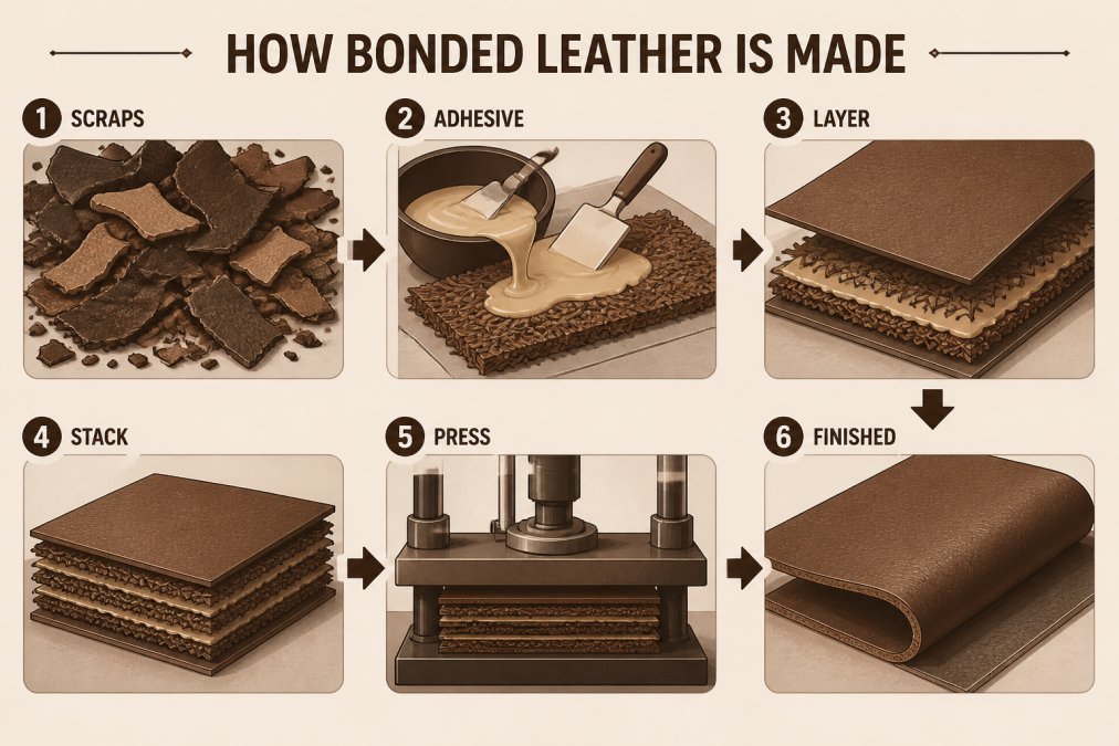 Close-up of leather scraps and polyurethane adhesive being layered and pressed together on a work surface, showing visible texture and the manufacturing process in progress