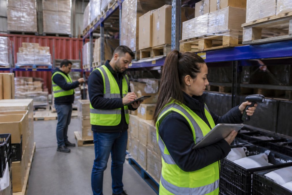 Warehouse staff conducting an inventory audit with tablets and barcode scanners in an organized bonded storage facility with clearly labeled shelves and dutiable merchandise arranged by category and import date