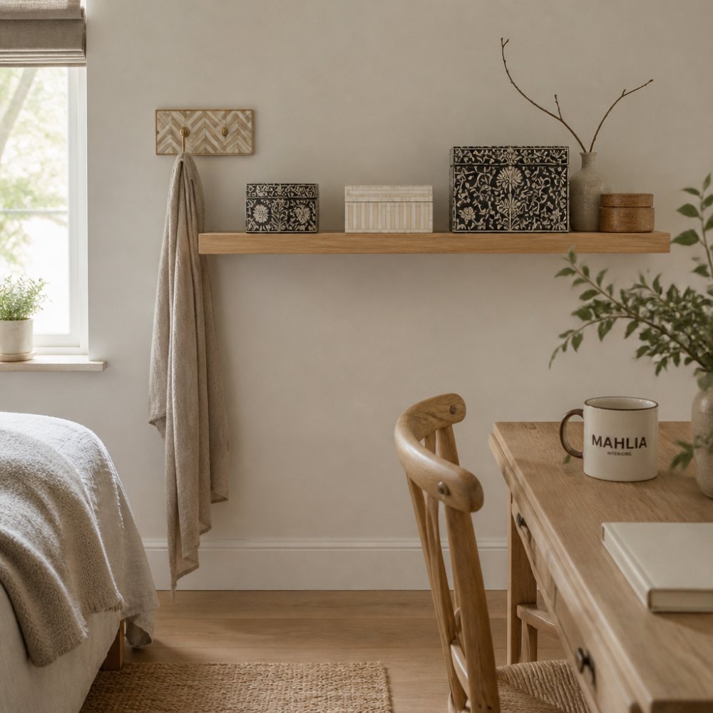 Compact bedroom or studio apartment with a styled floating shelf displaying small bone inlay boxes in varying sizes, white Moghul box, Herringbone hook on neutral wall, natural light from window, minimalist coastal aesthetic with linen and pale wood accents