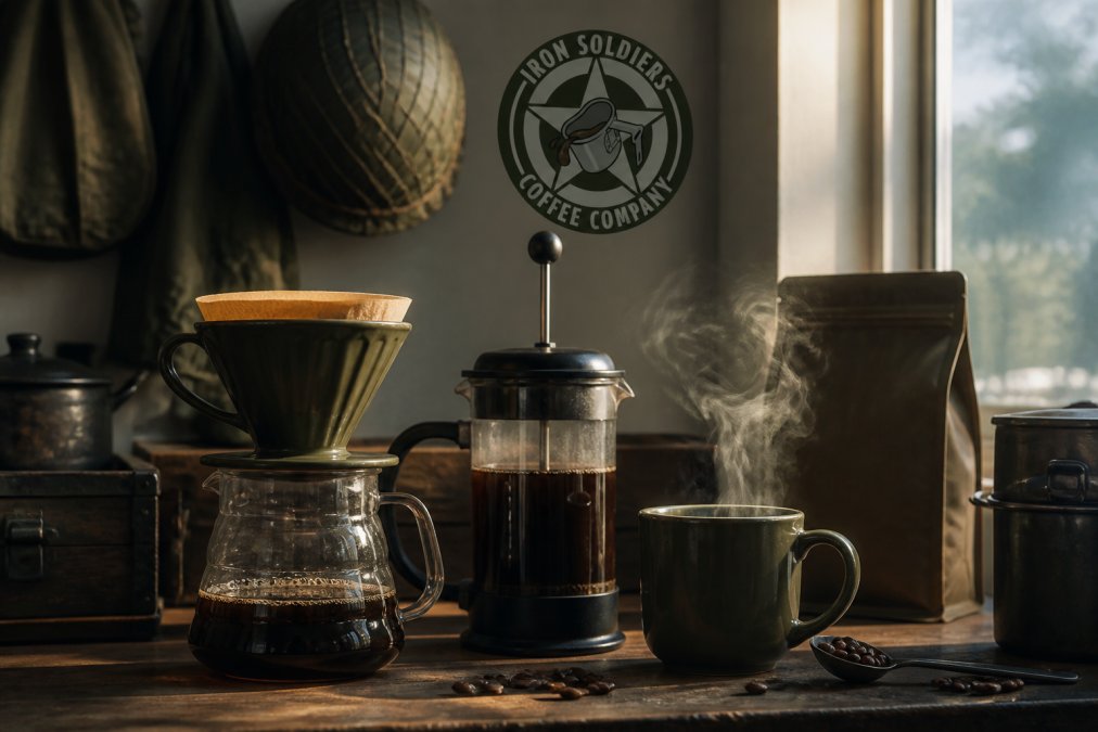 Pour-over setup and French press on a kitchen counter with a steaming cup for a stronger brew