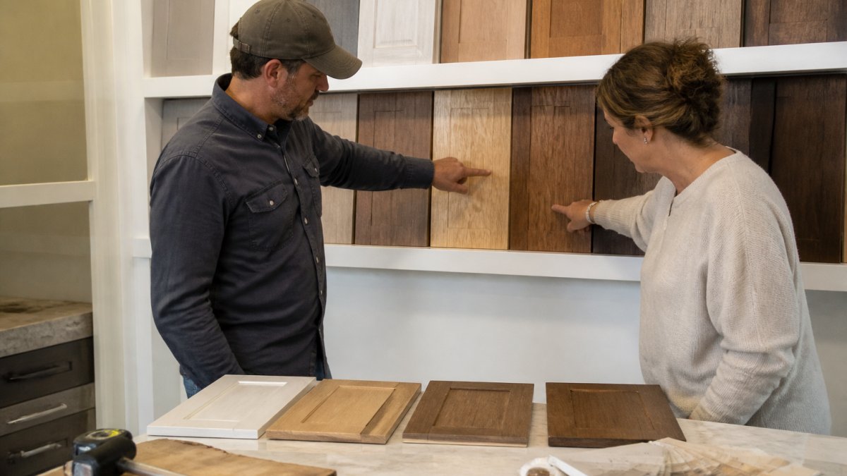 Homeowner examining cabinet wood samples and finishes in a showroom with a contractor, both pointing to different wood grain options and color selections on display, natural studio lighting