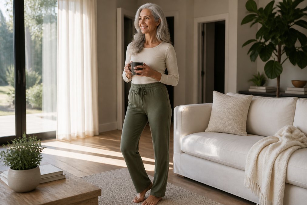 A mature woman with silver hair wearing a high-rise bamboo sport pant in olive green, standing in a sunlit living room, smiling while holding a coffee mug