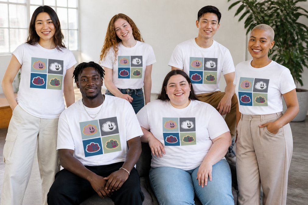 Diverse group of people wearing different styles of casual apparel and t-shirts in a bright, modern space, showing various body types, skin tones, and fashion aesthetics from minimalist to bold