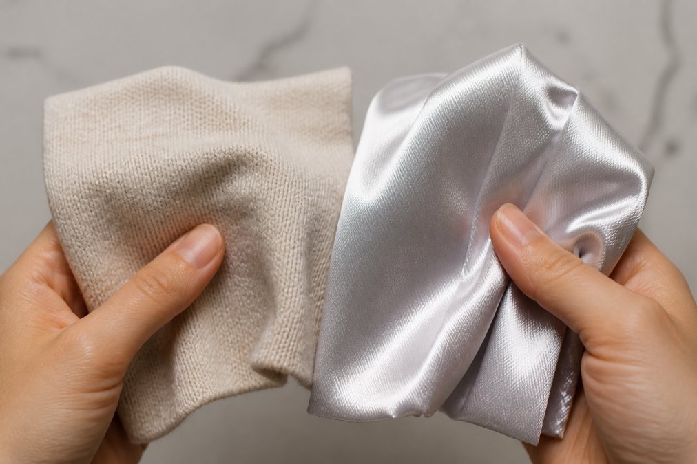 Close-up of hands holding two fabric swatches side by side, one soft natural cotton knit and one shiny synthetic polyester blend, on a neutral background