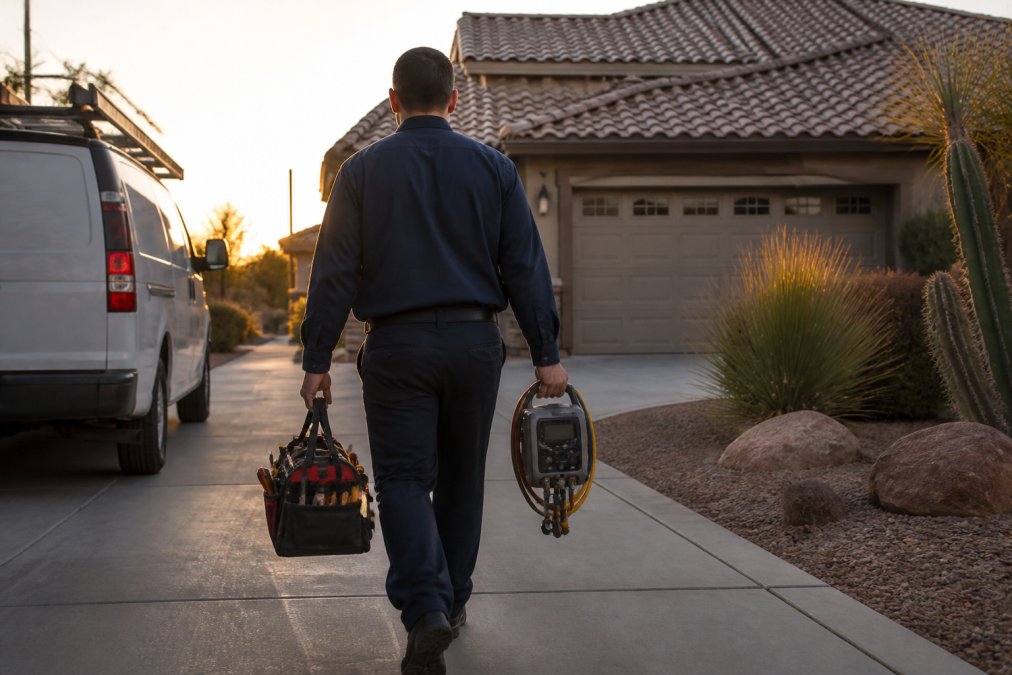 Professional HVAC technician in blue uniform carrying diagnostic equipment and toolbox walking toward residential home with service van visible in driveway, early morning light