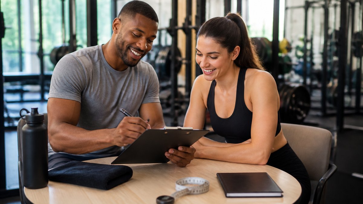 A fitness coach in a bright gym sitting with a new client at a small table, reviewing a clipboard intake form together, both relaxed and smiling