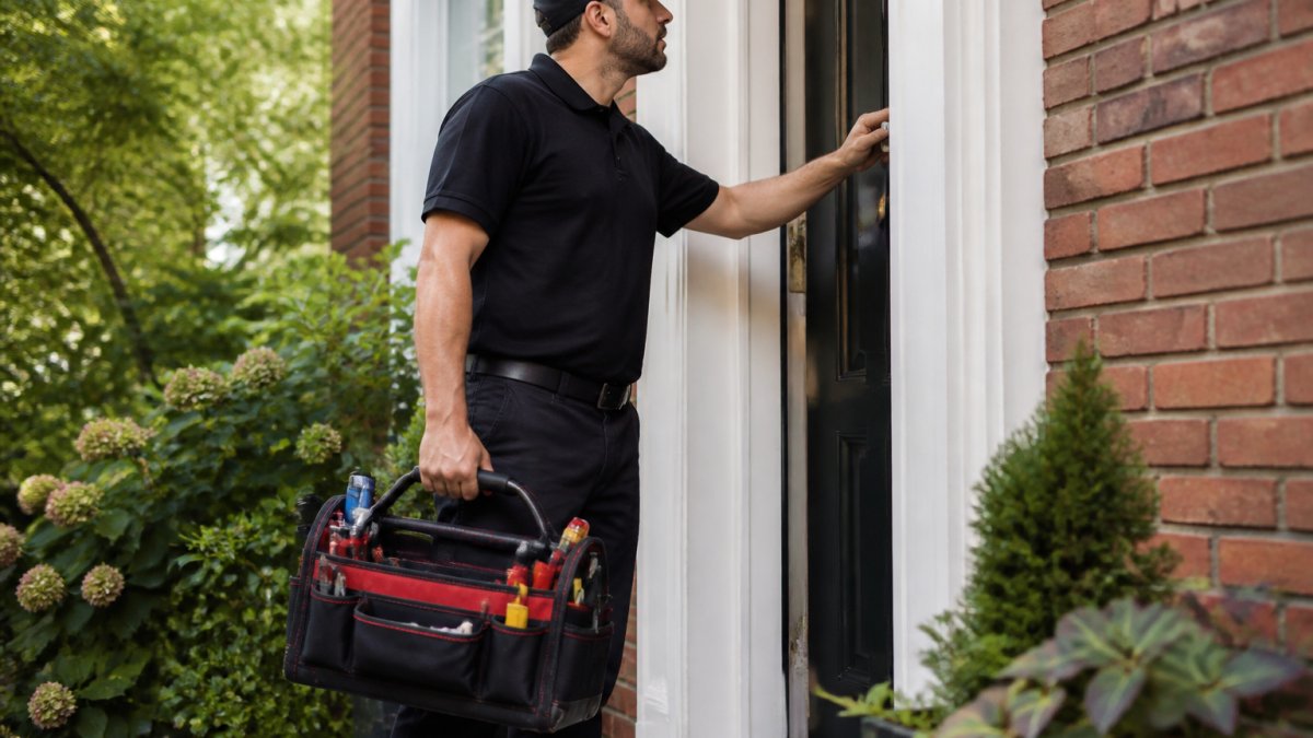 Professional locksmith technician standing at a residential doorway with mobile toolkit in hand, demonstrating professional arrival at a customer's home in daylight