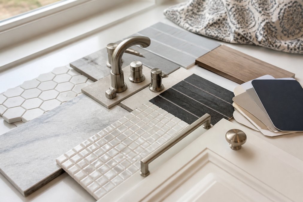 Close-up of a variety of bathroom tile samples in different textures and finishes, alongside brushed nickel vanity hardware and fixture swatches, laid out on a flat white surface in natural daylight