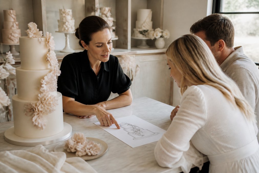 Consultation process flowchart for planning a custom sculptural wedding cake with a designer and couple