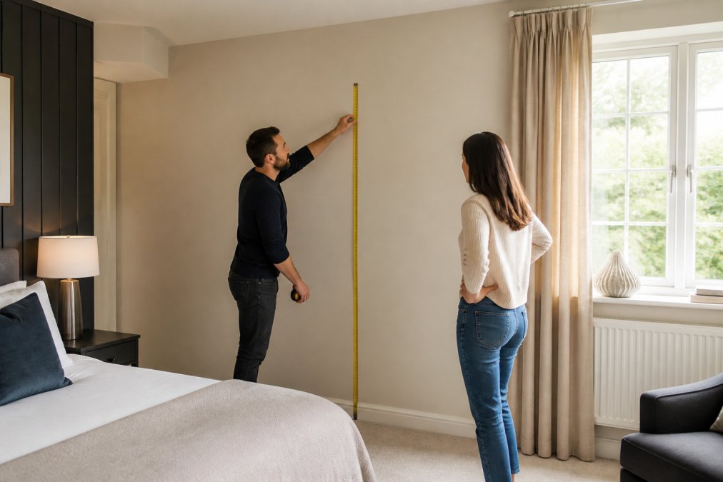 Interior designer taking measurements in a bright bedroom with a tape measure, discussing layout options with a homeowner near an empty wall space with natural window light