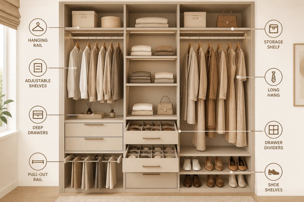 Close-up of an open fitted wardrobe interior showing organized shelving with neatly folded items, hanging rails with clothes, and drawer dividers with accessories in natural daylight