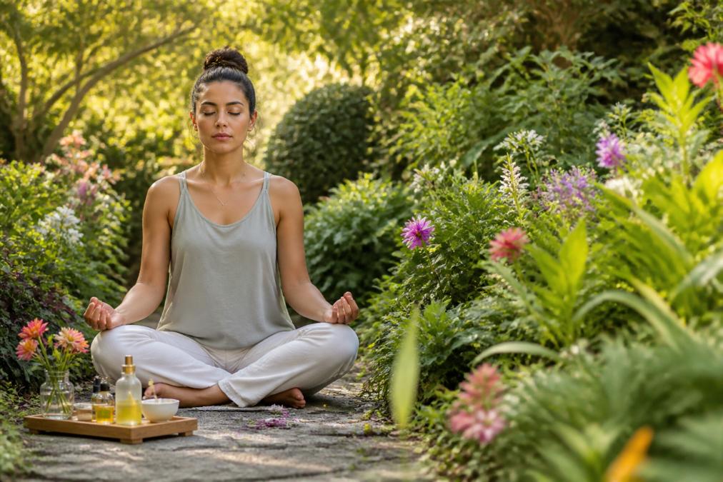 Woman in peaceful meditation pose seated among blooming flowers and lush botanical plants in a sunlit garden setting, soft natural lighting filtering through green foliage