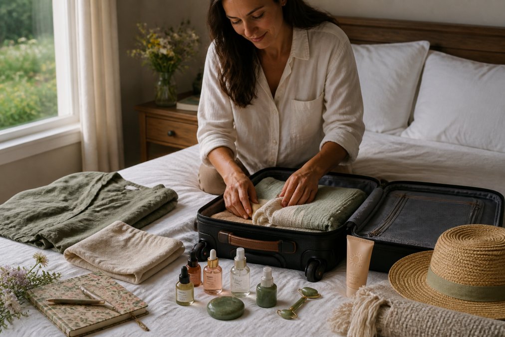 Woman packing a suitcase on a bed with natural skincare products, comfortable linen clothing, a journal, sunscreen, and wellness items arranged neatly around her