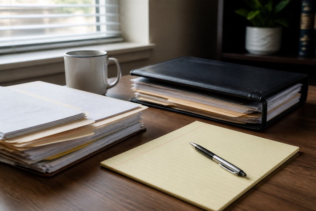 Parent organizing important documents and paperwork on a desk with a notepad and pen ready for taking notes during a consultation, natural office lighting