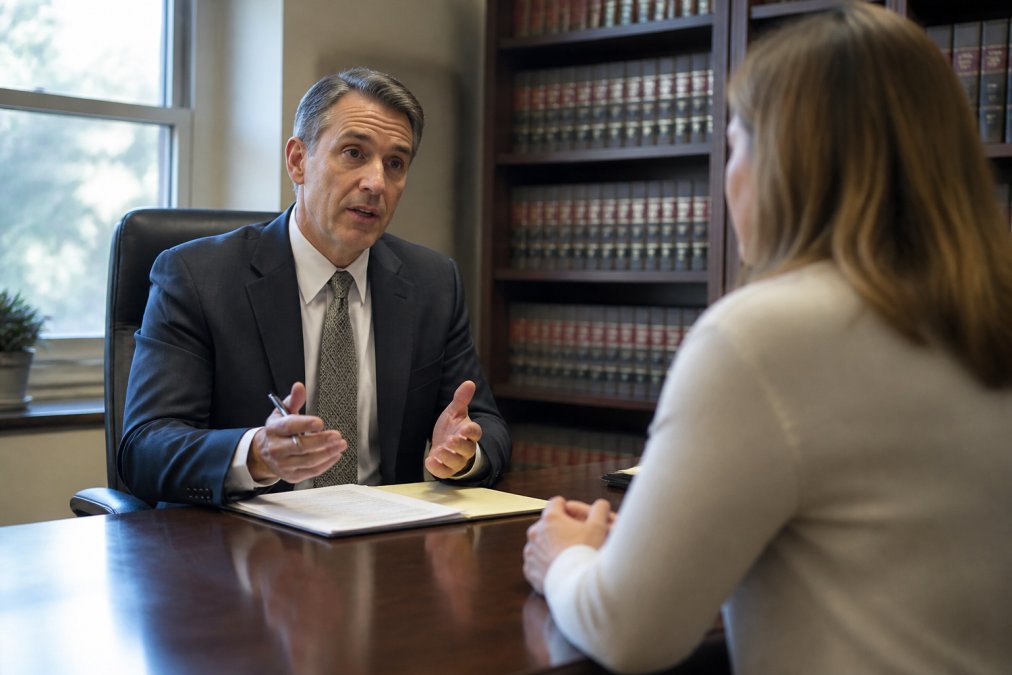 Professional family law attorney meeting with a client in a calm, welcoming office setting, discussing case details across a desk with papers and legal documents