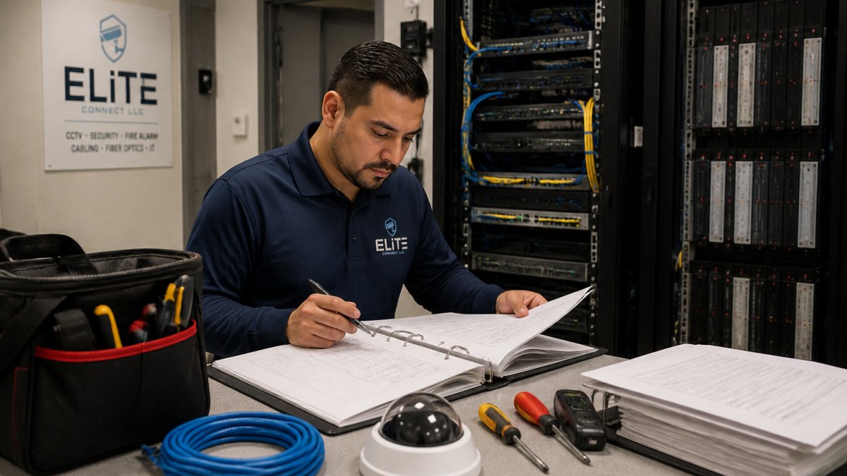 Professional security consultant reviewing system documentation and access control panels in a commercial building server room with organized cable management and monitoring equipment