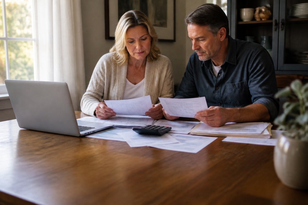 A couple at a dining room table sorting through financial documents, bank statements, and a calculator, with a laptop open in front of them, warm afternoon light through a nearby window