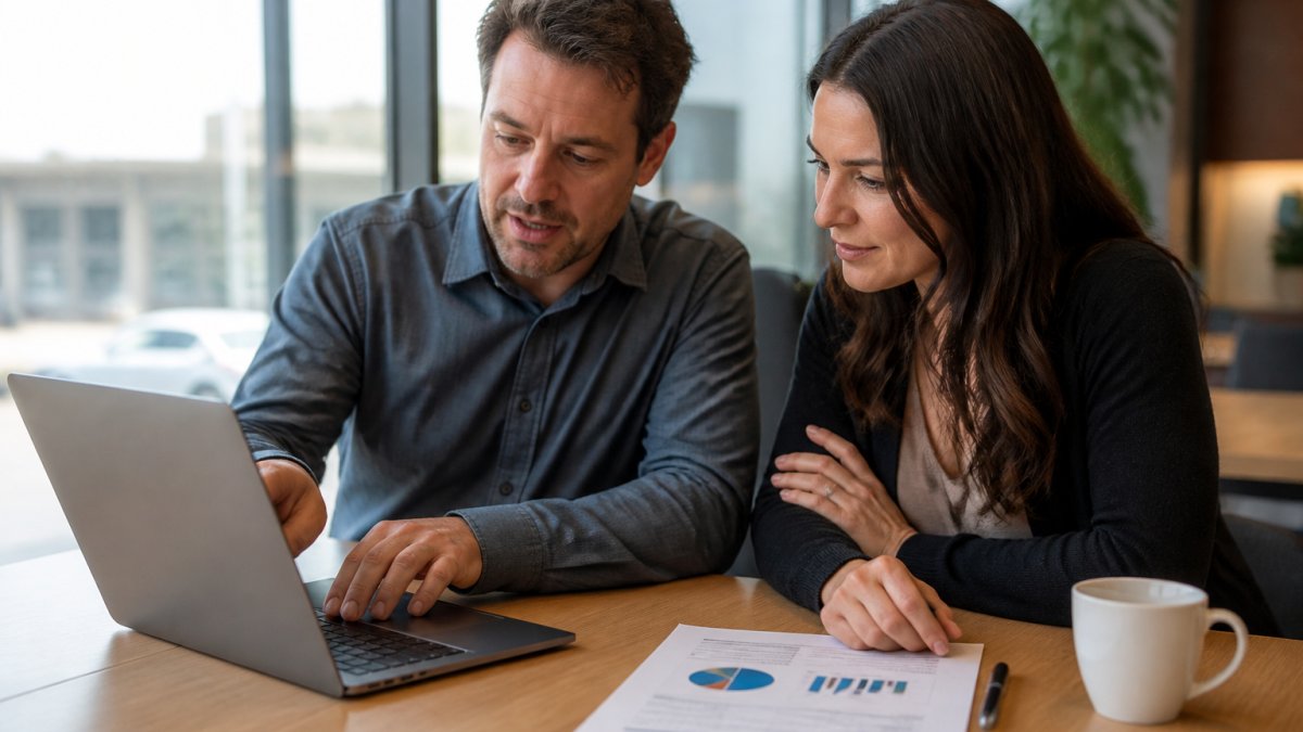 A business consultant and a small business owner reviewing CRM data together on a laptop in a bright office, with a printed audit report and coffee on the table