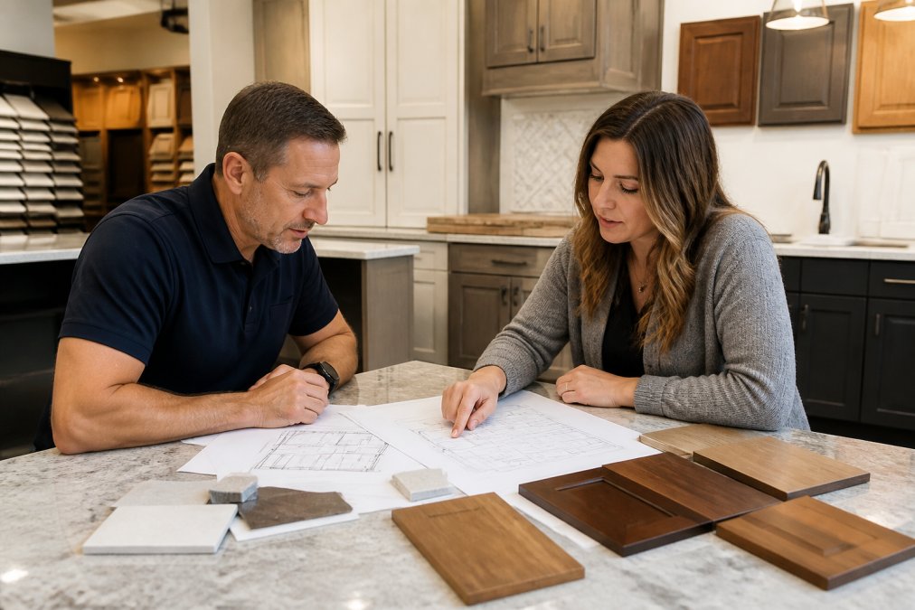 A homeowner and a cabinet designer reviewing kitchen layout plans and wood finish samples at a large table in a bright showroom