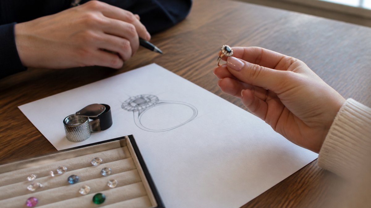 Close-up of a wooden consultation table with a jeweller's loupe, a ring sketch on paper, a small tray of loose gemstones and a client's hand holding a reference ring, soft natural light from a window