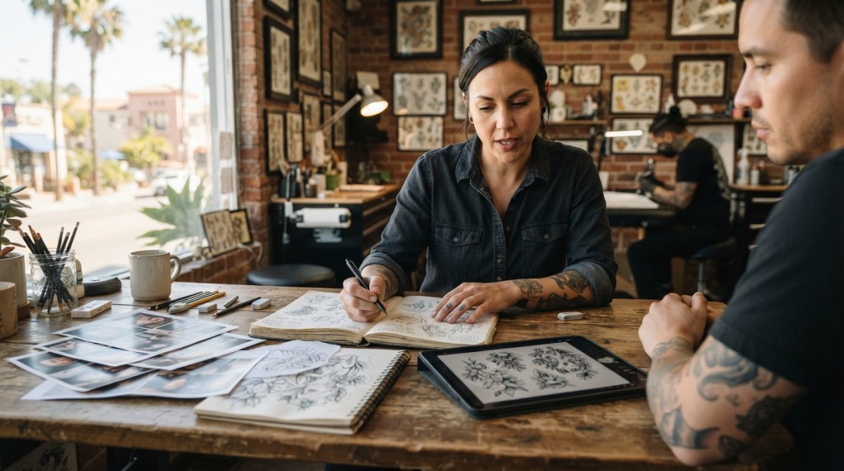 Step-by-step infographic showing the ideal prep process for a custom tattoo consultation at a wooden desk.