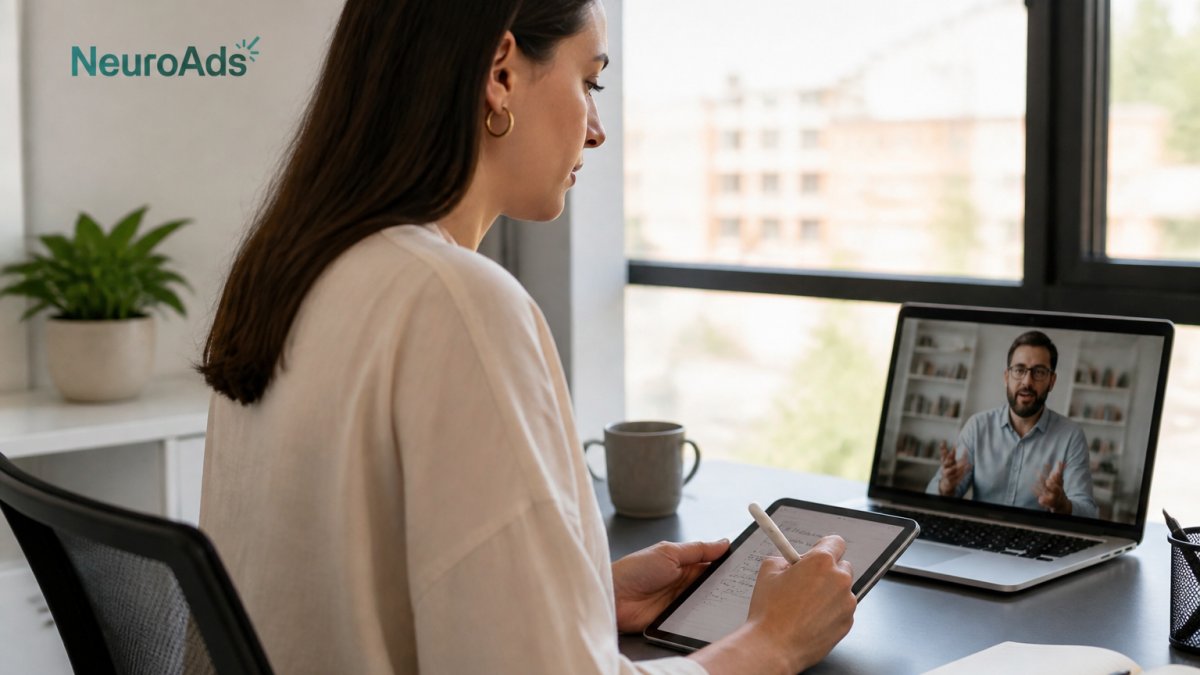 Professional marketing manager taking detailed notes on tablet during video conference with vendor, laptop screen showing colorful analytics dashboard in background, natural office lighting from window