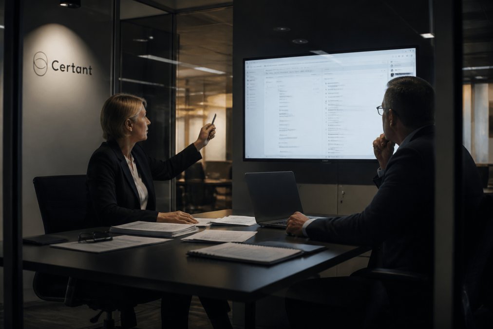 A compliance officer and an IT director reviewing a software demo on a large monitor in a glass-walled meeting room, printed contract pages and a laptop on the table between them