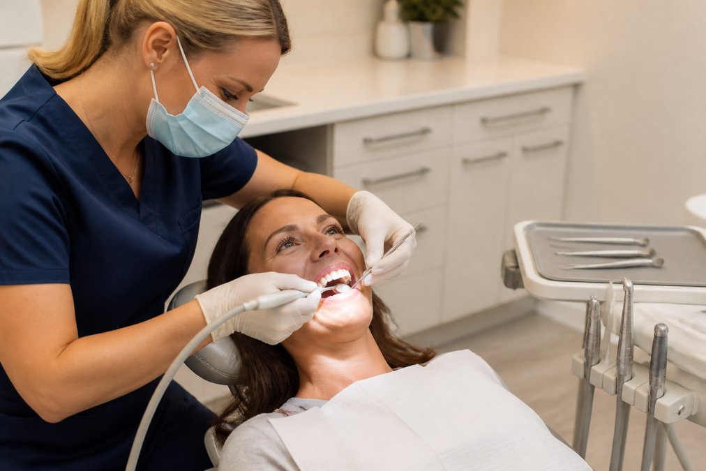A dental hygienist performing a professional teeth cleaning on a relaxed adult patient in a modern, well-lit dental chair, with dental tools and a tray visible nearby