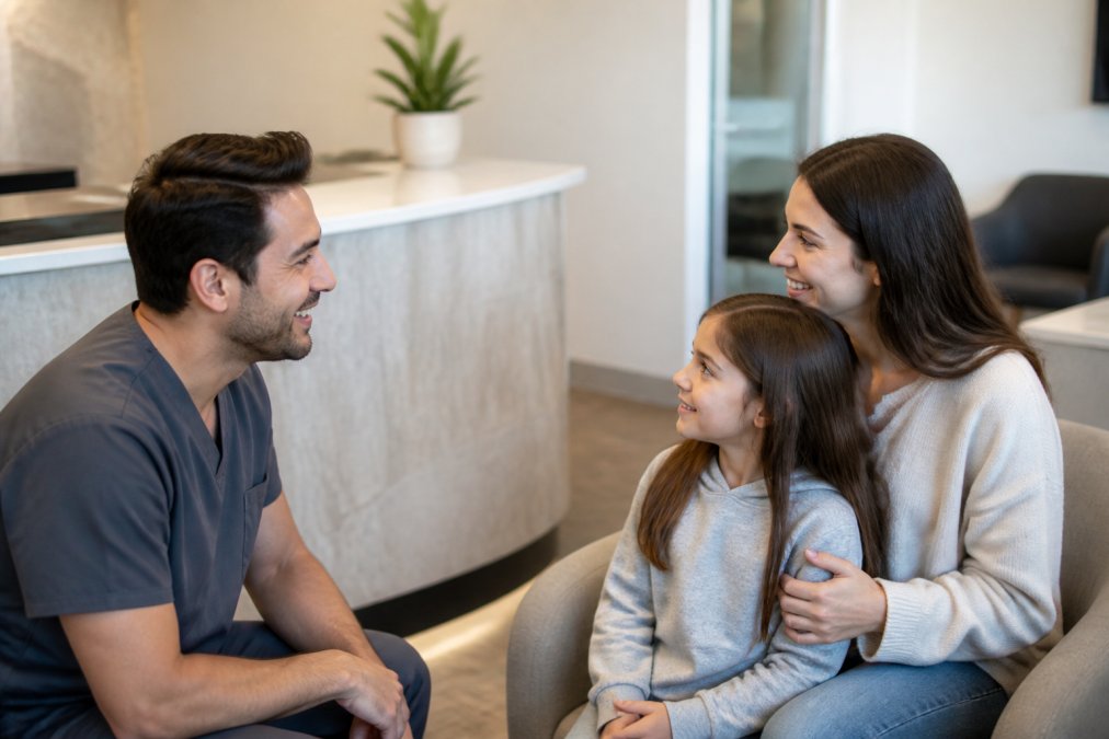 A friendly dentist in scrubs smiling and speaking with a parent and young child in a bright, welcoming dental office reception area