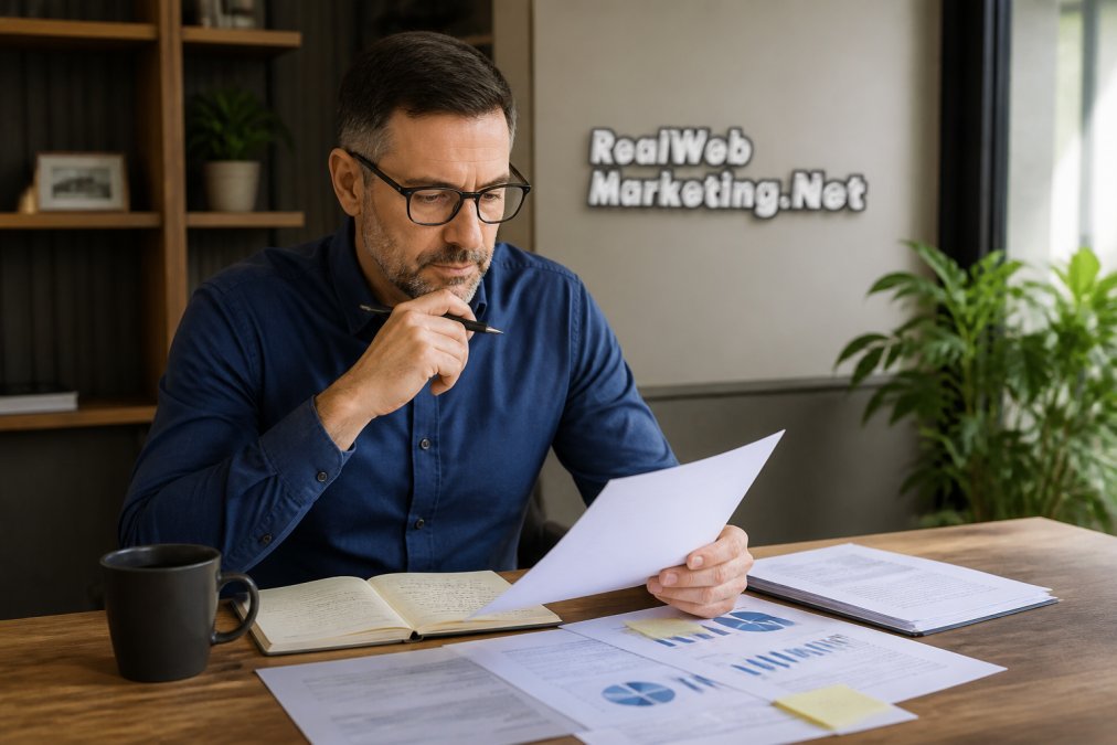 Business owner at desk reviewing marketing documents and analytics on laptop with coffee, preparing notes for consultation meeting in modern office