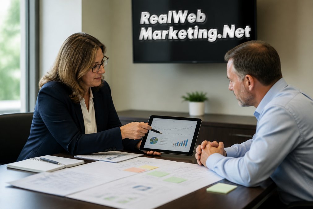 Marketing consultant and business owner in professional meeting room reviewing digital marketing strategy on tablet with analytics dashboard, notes spread across table