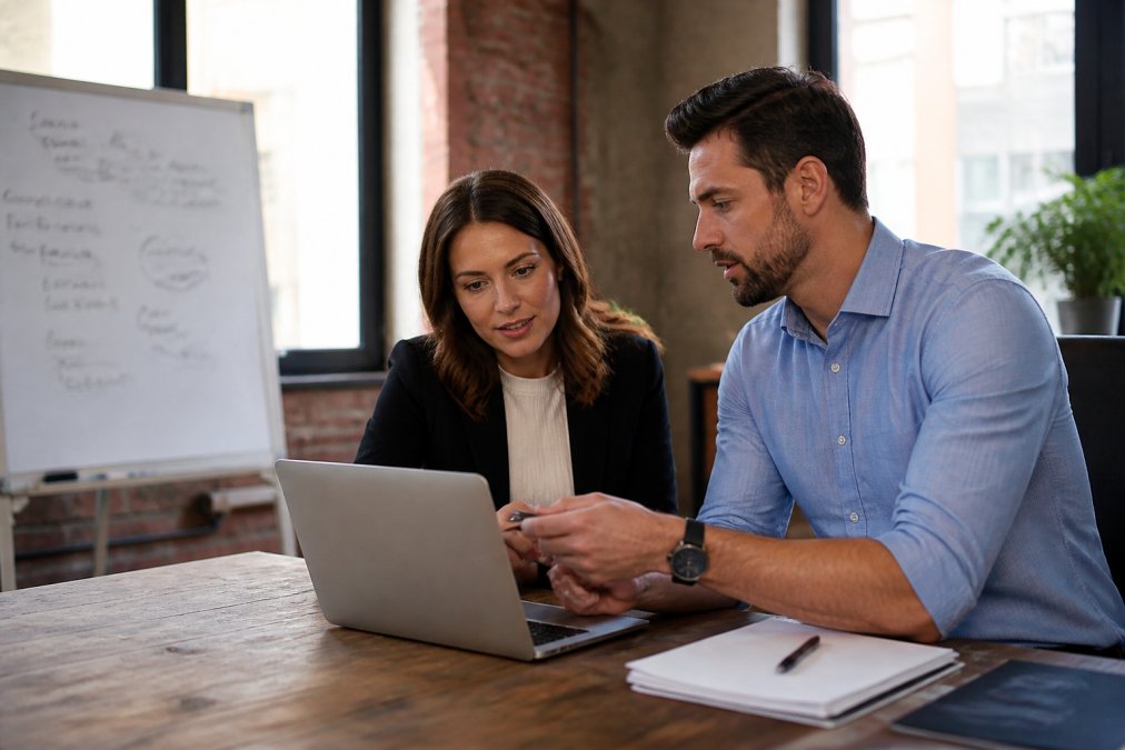 Two business professionals reviewing marketing analytics on a laptop in a bright modern office, with a whiteboard showing strategy notes in the background