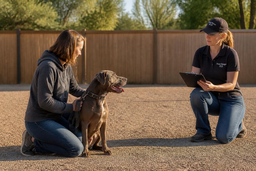 A dog owner kneeling beside their leashed dog in a quiet outdoor training yard, with a professional trainer observing and taking notes nearby under soft afternoon light